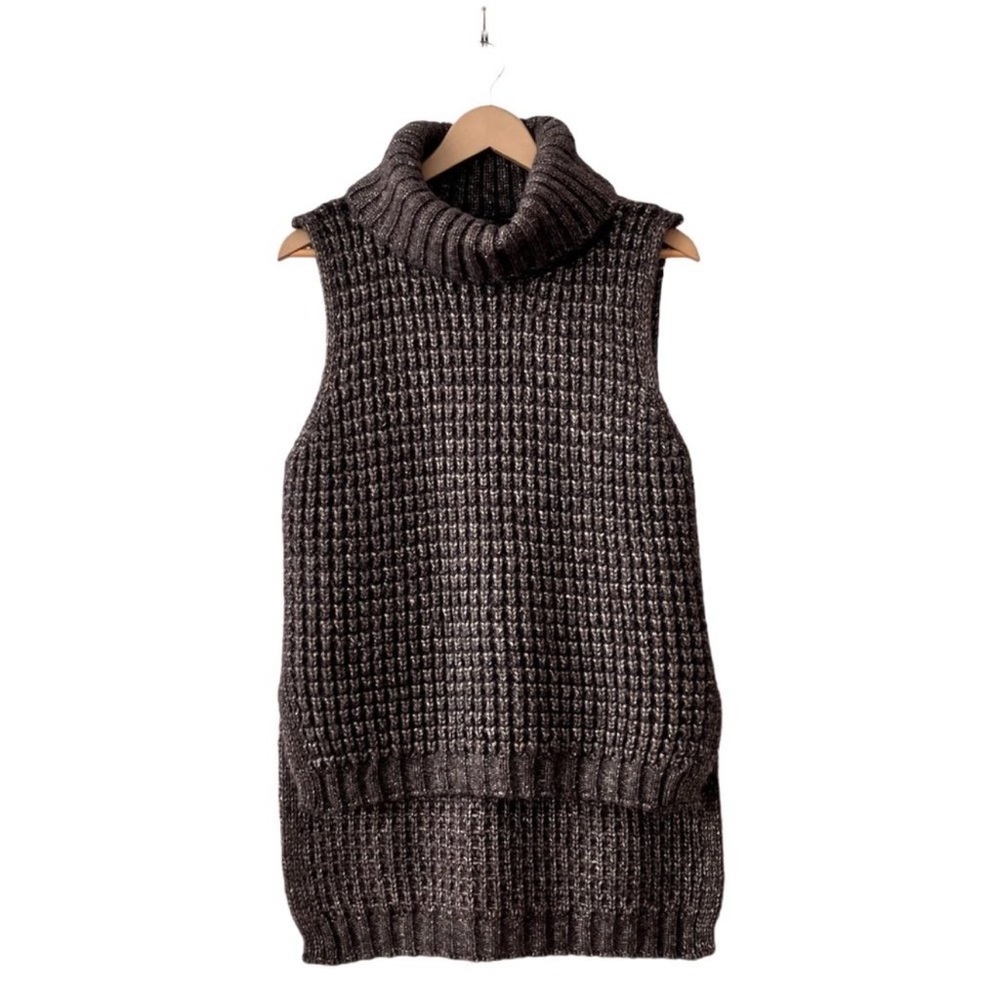 MaxMara Brown Chunky Knit Wool Alpaca BlendSleeveless Turtleneck Sweater